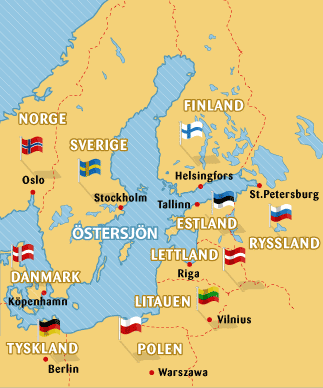 Karta över Europa med Östersjöregionen utmärkt