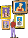 Illustrationen visar en person som står och betraktar några tavlor.