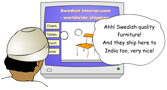 En utländsk affärsman sitter framför datorn och tittar på en svensk internetsida där det säljs svenska kvalitets möbler.