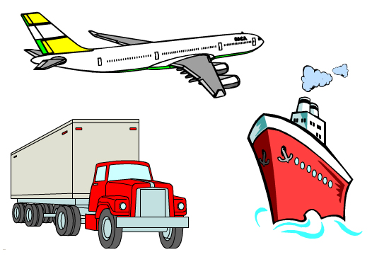 Ett flygplan, en lastbil och en båt symboliserar olika transportsätt.
